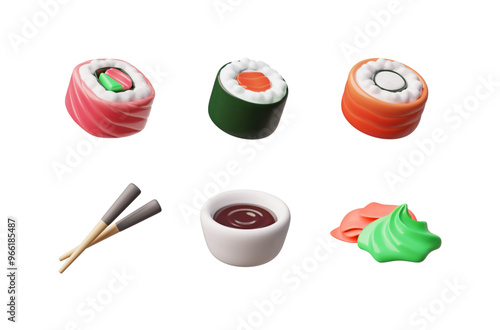 3D Vector set of sushi rolls with soy sauce, ginger, wasabi and food shelves.