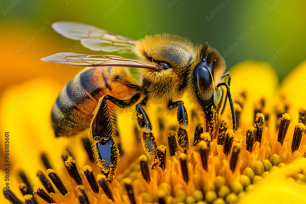 a honeybee collecting pollen from a bright sunflower, with the tiny hairs on the bee’s body clearly visible a honeybee collecting pollen from a bright sunflower, with the tiny hairs on the bee’s body clearly visible