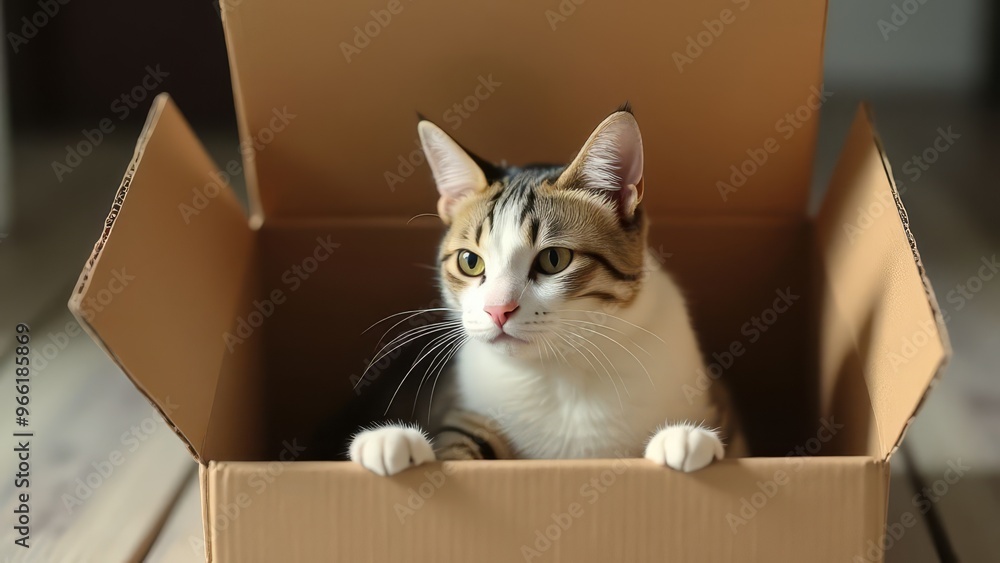 Fototapeta premium Curious Cat in a Cardboard Box