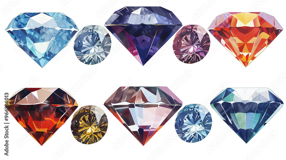 Fototapeta premium Stunning Collection of Multicolored Gemstones: Shimmering Blue, Red, and Purple Diamonds in Various Cuts for Jewelry Design and Decor