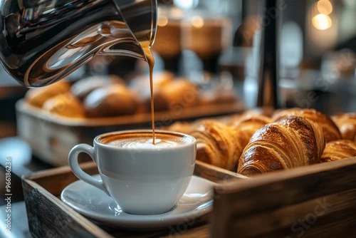 Obraz  Close up of coffee pouring from beautiful carafe into white cup on table with blurred background of French breads and croissants.