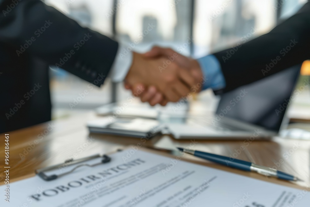 Contract on a board room table with men shaking hands. Contract on a board room table with men shaking hands. Focus on the contract in the foreground. Laptop and pen are also on the table. Contract on a board room table with men shaking hands. Contract on a board room table with men shaking hands. Focus on the contract in the foreground. Laptop and pen are also on the table.