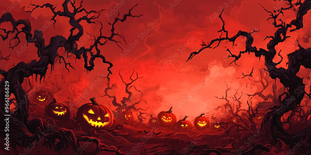 Halloween-themed background with a sinister pumpkin patch, glowing jack-o'-lanterns, and twisted vines under a blood-red sky. shadows and highlights to create a haunting atmosphere Halloween-themed background with a sinister pumpkin patch, glowing jack-o'-lanterns, and twisted vines under a blood-red sky. shadows and highlights to create a haunting atmosphere