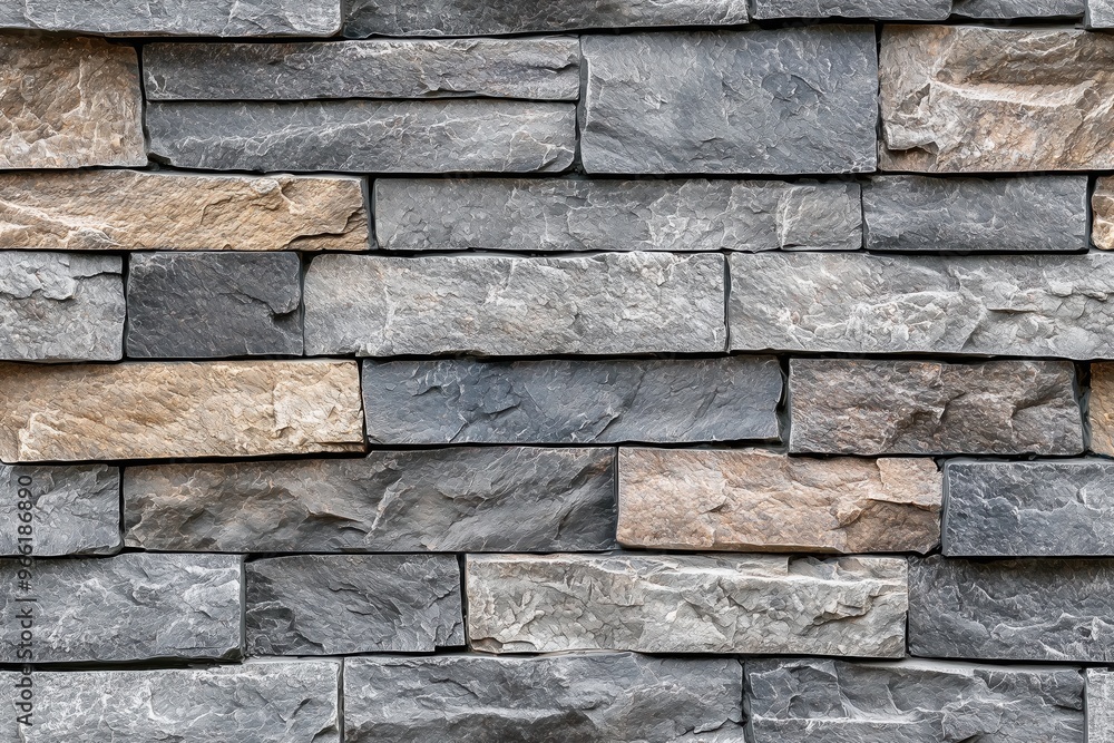 A textured stack stone cladding wall made of various sizes of gray and beige stone blocks, arranged in a staggered pattern. The surface shows natural variations in color. A textured stack stone cladding wall made of various sizes of gray and beige stone blocks, arranged in a staggered pattern. The surface shows natural variations in color.