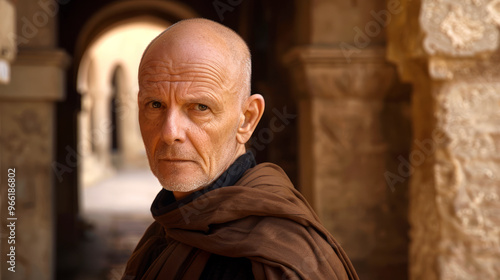 Elderly monk in a monastery wearing traditional attire. Concept of spirituality, religious devotion, contemplative life, peace