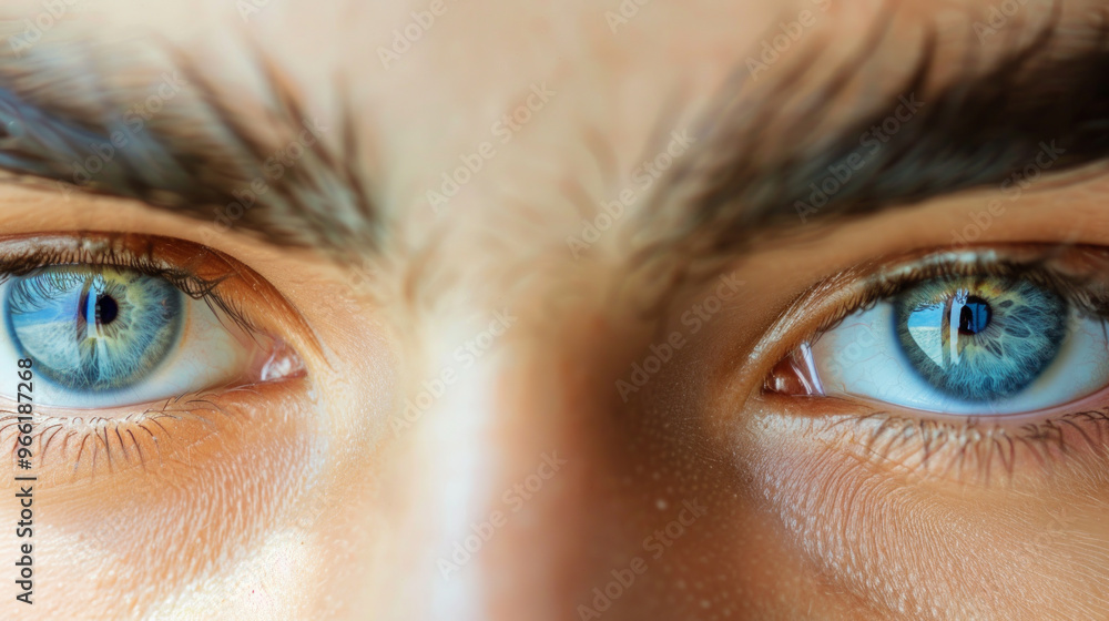 Close up of a young man's blue eyes showcasing detailed iris patterns and natural eyebrows. Concept of human vision, eye detail, iris structure, and natural beauty Close up of a young man's blue eyes showcasing detailed iris patterns and natural eyebrows. Concept of human vision, eye detail, iris structure, and natural beauty