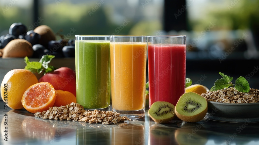 A health-conscious setup with a selection of freshly blended fruit juices, each in a clear glass, surrounded by whole fruits and a bowl of granola, creating a balanced and appetizing scene. A health-conscious setup with a selection of freshly blended fruit juices, each in a clear glass, surrounded by whole fruits and a bowl of granola, creating a balanced and appetizing scene.