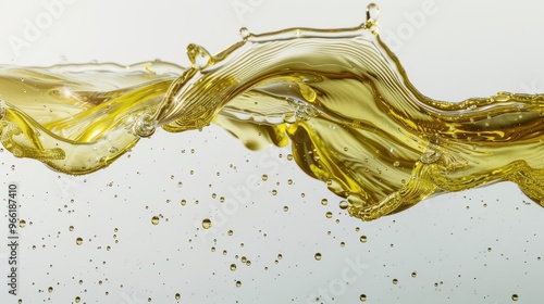 surreal olive oil tsunami goldengreen liquid waves crashing dramatically against a stark white background droplets suspended midair