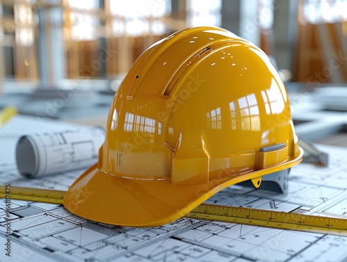 Elastic, yellow helmet, and building blueprints with a ruler on a construction plan background. photo