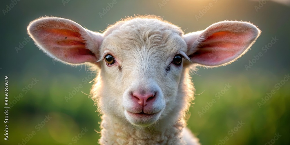 Fototapeta premium Lamb Portrait Soft Focus, White Fur, Golden Light, Lamb, Sheep, Animal