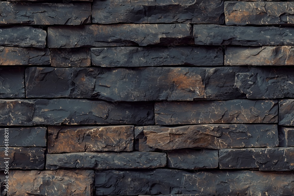 A textured stack stone cladding wall made of dark stone bricks, featuring various shades of black and brown with visible natural patterns and rough surfaces. A textured stack stone cladding wall made of dark stone bricks, featuring various shades of black and brown with visible natural patterns and rough surfaces.