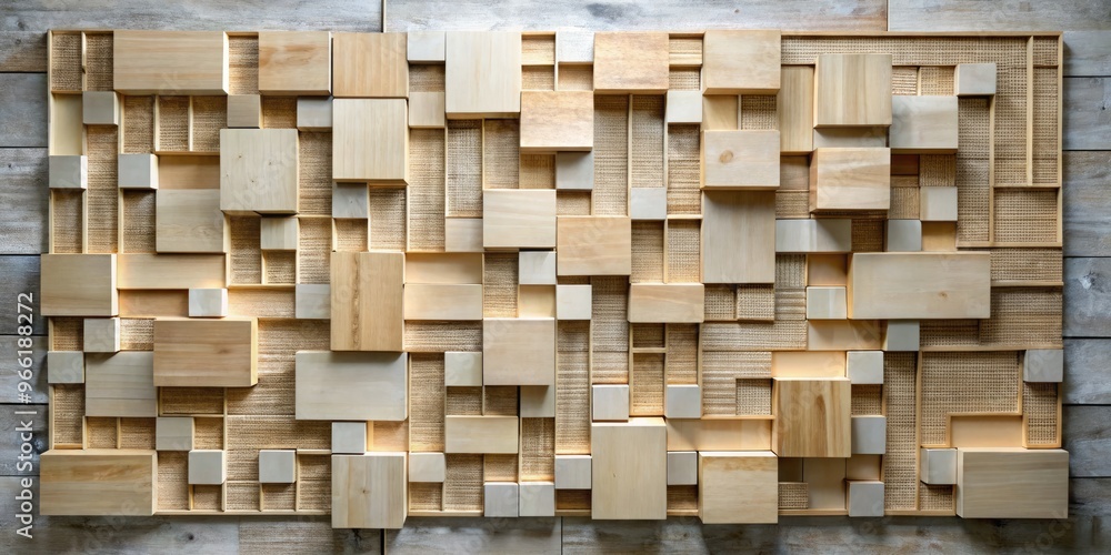 Intricate wooden wall art creates a modern geometric pattern. Intricate wooden wall art creates a modern geometric pattern.