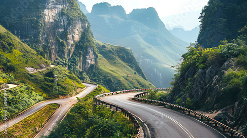 Scenic Winding Mountain Highway with Sharp Turns and Lush Greenery. Concept of Travel, Road Trip, Mountain Landscape, Nature Exploration