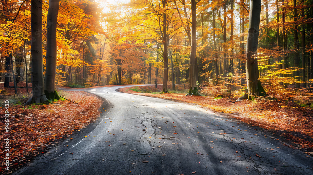 Obraz premium Winding Road Through Vibrant Autumn Forest with Colorful Foliage. Concept of Nature, Scenic Route, Fall Season, Road Trips. Beautiful Landscape, Outdoor Adventure