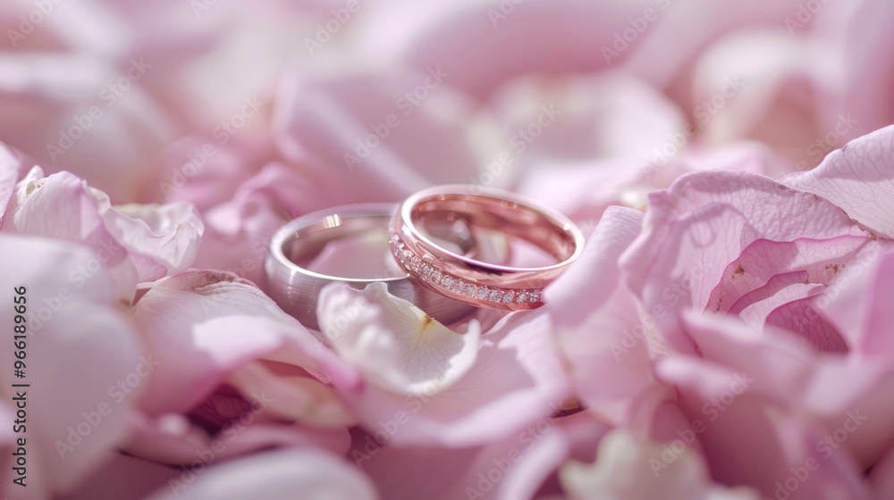 Elegant wedding rings placed on a bed of fresh pink rose petals. Concept of romantic jewelry, love symbol, celebration, pink floral background. Design element, wedding decorations Elegant wedding rings placed on a bed of fresh pink rose petals. Concept of romantic jewelry, love symbol, celebration, pink floral background. Design element, wedding decorations