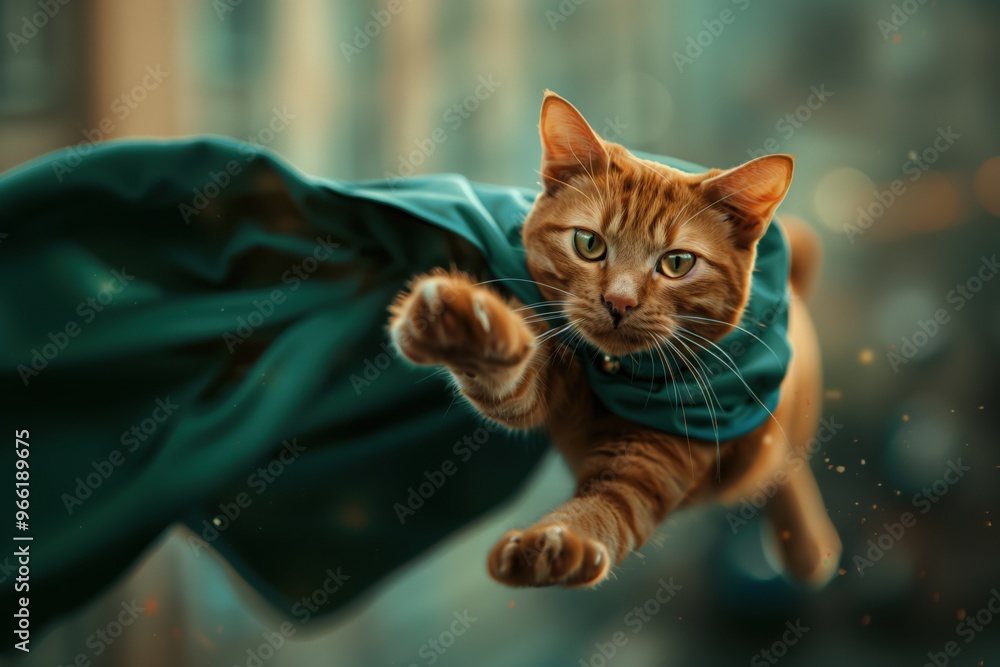 A cat is wearing a green cape and flying through the air A cat is wearing a green cape and flying through the air