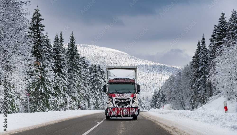 Cargo truck moving along a snowy mountain road Cargo truck moving along a snowy mountain road
