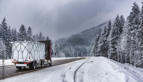 Cargo truck moving along a snowy mountain road