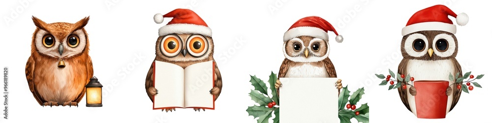Naklejka premium A charming collection of festive owls adorned in Santa hats, perfect for holiday-themed designs and illustrations.
