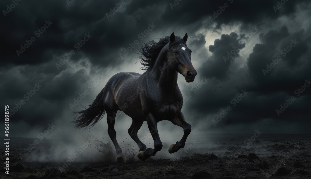 Fototapeta premium Majestic Black Horse in Stormy Landscape