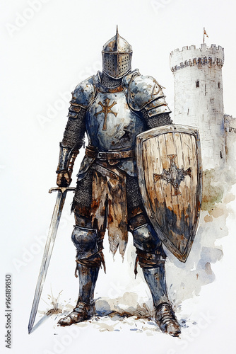 Watercolor of Medieval knight clad in ornate armor with a sword photo