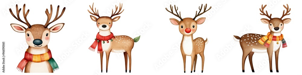 Obraz premium Charming and festive reindeer illustrations, perfect for holiday themes, decorations, and cheerful designs.