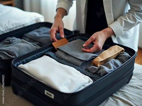 Close up of a person packing suitcase for a trip.
