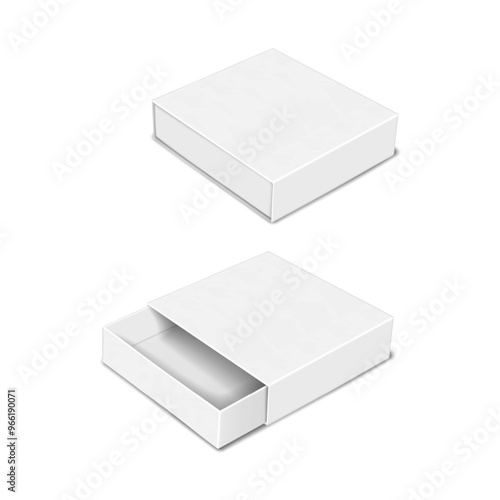 White square cardboard slide-out drawer box. Closed and slightly open. 3d mockup. Carton slider tray and sleeve box isolated. Realistic mock-up. Paper sliding lid container packaging. Vector template