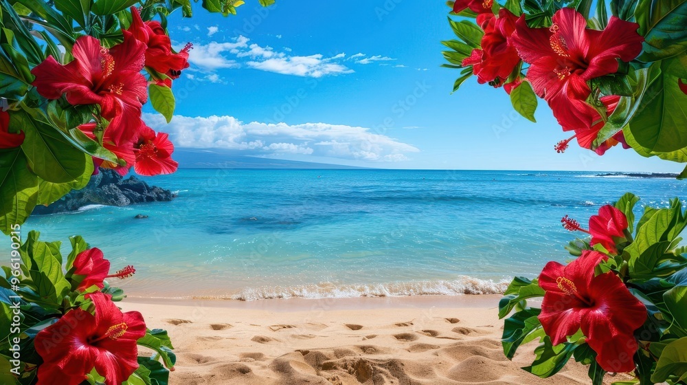 tropical paradise vibrant red hibiscus flowers frame a pristine sandy beach turquoise ocean and clear blue sky create the ultimate vacation vista in maui hawaii tropical paradise vibrant red hibiscus flowers frame a pristine sandy beach turquoise ocean and clear blue sky create the ultimate vacation vista in maui hawaii