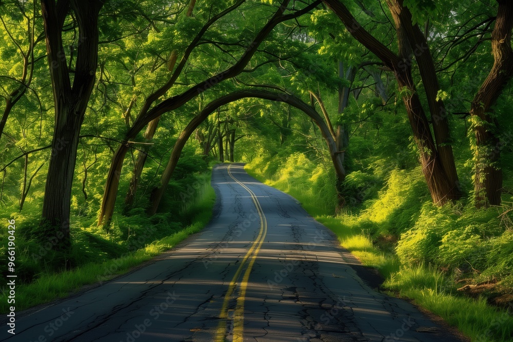 Fototapeta premium A road with trees on either side and a yellow line down the middle