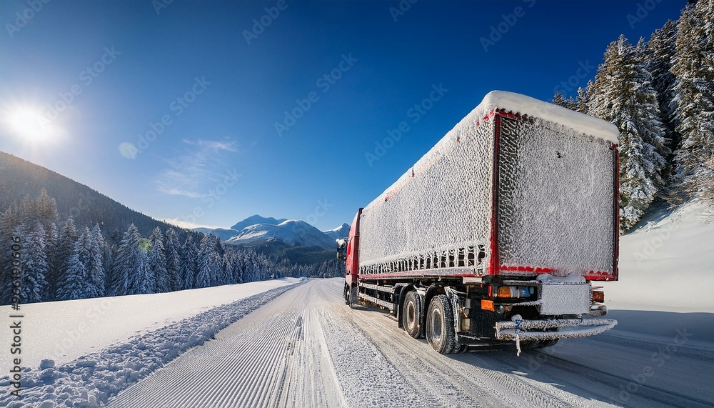 Cargo truck moving along a snowy mountain road Cargo truck moving along a snowy mountain road