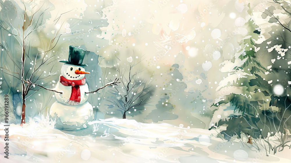 Fototapeta premium Winter forest landscape with a cheerful snowman. Concept of winter wonderland, festive season, charming snow scene, holiday cheer. Print, wall art, greeting card design