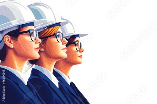 A blue vector illustration of three people in profile wearing white construction helmets and glasses 