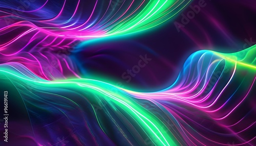 Futuristic Abstract Design of Colorful Neon Waves with Dark Purple and Green Theme and Dynamic Energy Flow Lines