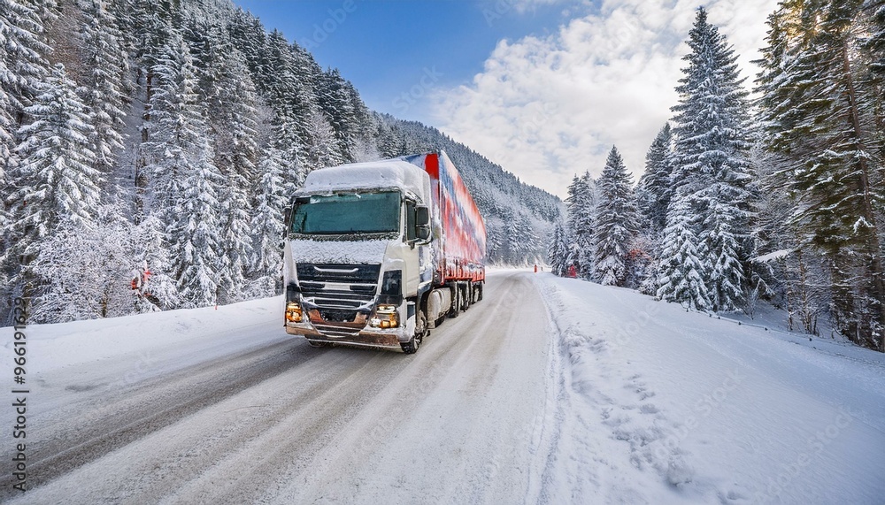 Cargo truck moving along a snowy mountain road Cargo truck moving along a snowy mountain road