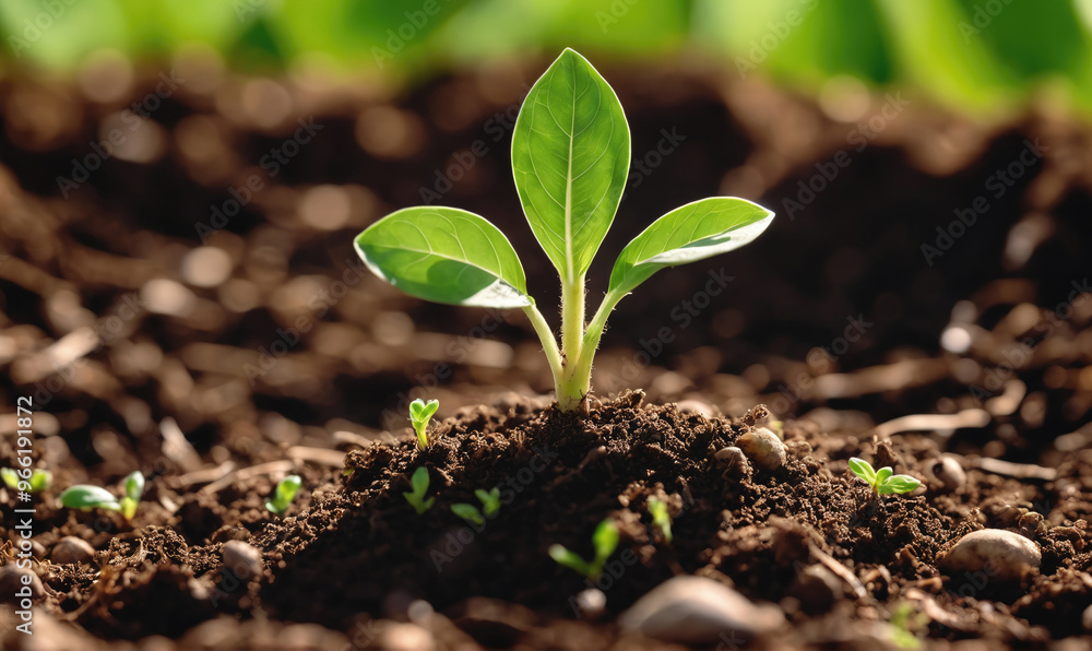 Fototapeta premium A young plant sprouts from the fertile soil, a symbol of growth and new beginnings