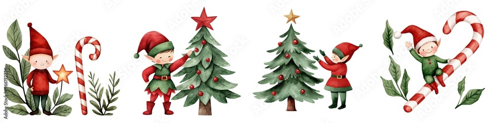 Cheerful Christmas elves decorating trees and holding candy canes in a festive winter scene. Perfect for holiday themes! Cheerful Christmas elves decorating trees and holding candy canes in a festive winter scene. Perfect for holiday themes!