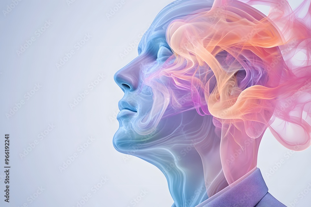 An illustration of an abstract head with colorful, smoke like patterns, wearing business attire. The background is white An illustration of an abstract head with colorful, smoke like patterns, wearing business attire. The background is white