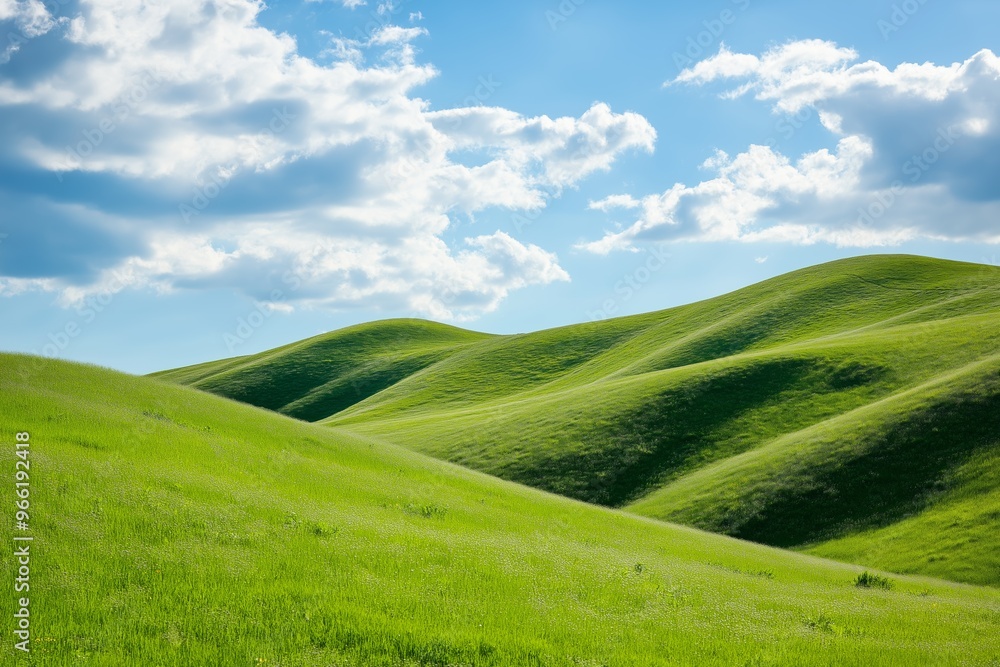 A large, grassy hillside with a clear blue sky. The sky is dotted with clouds, giving the scene a peaceful and serene atmosphere A large, grassy hillside with a clear blue sky. The sky is dotted with clouds, giving the scene a peaceful and serene atmosphere