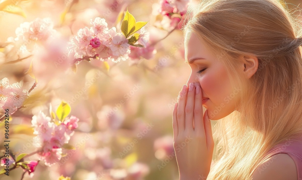 Fototapeta premium Seasonal Allergy Struggle: Woman Sneezing in Blooming Garden. Pollen Sensitivity Illustrated for Health Awareness Campaigns. Floral Background Highlighting Hay Fever Symptoms and Allergic Reactions in