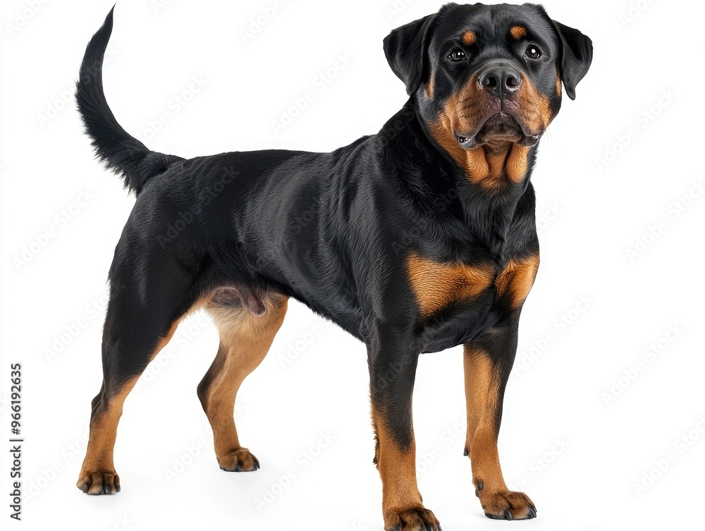 Young rottweiler standing on white background looking up Young rottweiler standing on white background looking up