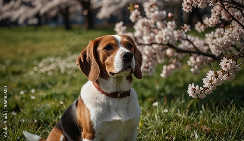 Beagle Dog Among Cherry Blossoms