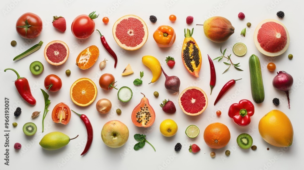 vibrant fruit and vegetable medley on pristine white backdrop perfect symmetry and arrangement hyperrealistic textures vibrant fruit and vegetable medley on pristine white backdrop perfect symmetry and arrangement hyperrealistic textures