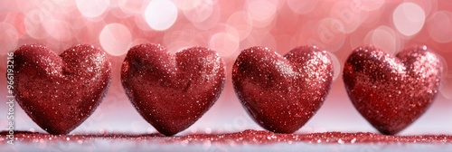 Four hearts are shown in a row, with glitter on them
