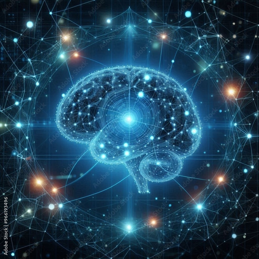 AI. Digital brain shaped with blue neural connection lines and glowing dots. AI. Digital brain shaped with blue neural connection lines and glowing dots.