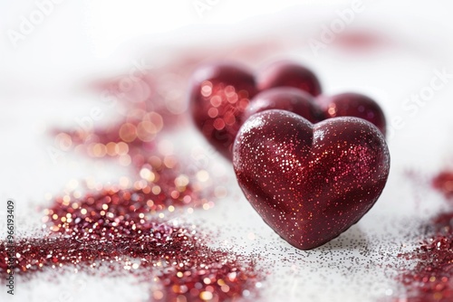 Three hearts are covered in glitter and are placed on a white background