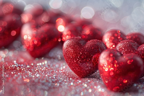 A bunch of red hearts are scattered on a shiny surface