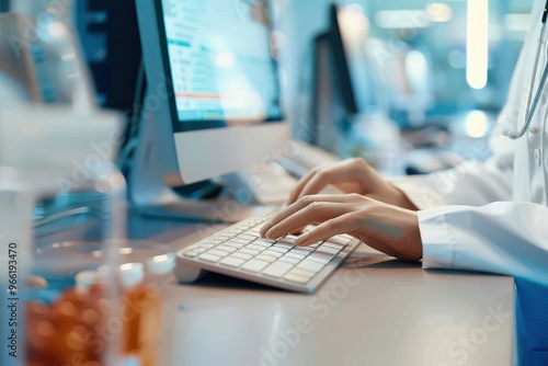 Medicine doctor working with PC computer at desk in the hospital Closeup of pharmacist's hands typing on a computer keyboard at the pharmacy counter. Photo of a female pharmacist using a computer at t