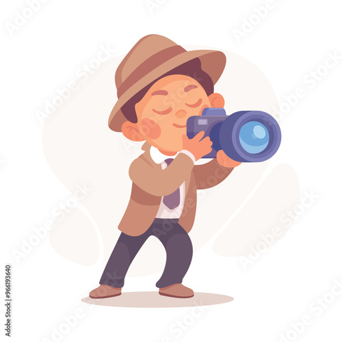 Inspecting Detective Boy Character with Camera Investigating Case Vector Illustration