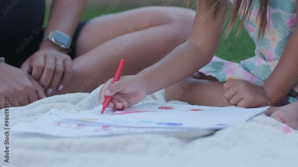 A mother and her young daughter sit on a blanket in the backyard, engaging in a drawing activity together. The outdoor scene captures a peaceful family moment, fostering creativity and bonding. A mother and her young daughter sit on a blanket in the backyard, engaging in a drawing activity together. The outdoor scene captures a peaceful family moment, fostering creativity and bonding.